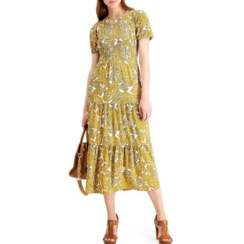 Michael Kors Smocked Floral Paisley Saffron Yellow Midi Dress Small